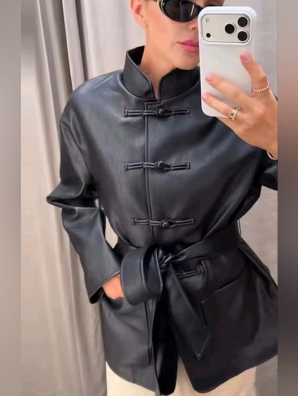 Women's Faux Leather Lace Up Jacket Frog Single-breasted Stand Collar Long Sleev